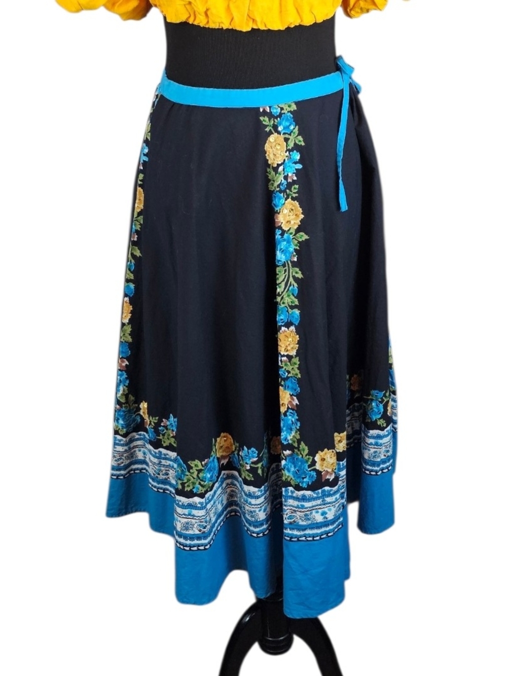 Vintage Take Two Floral Circle Skirt Blue Black Cotton Midi Size Large